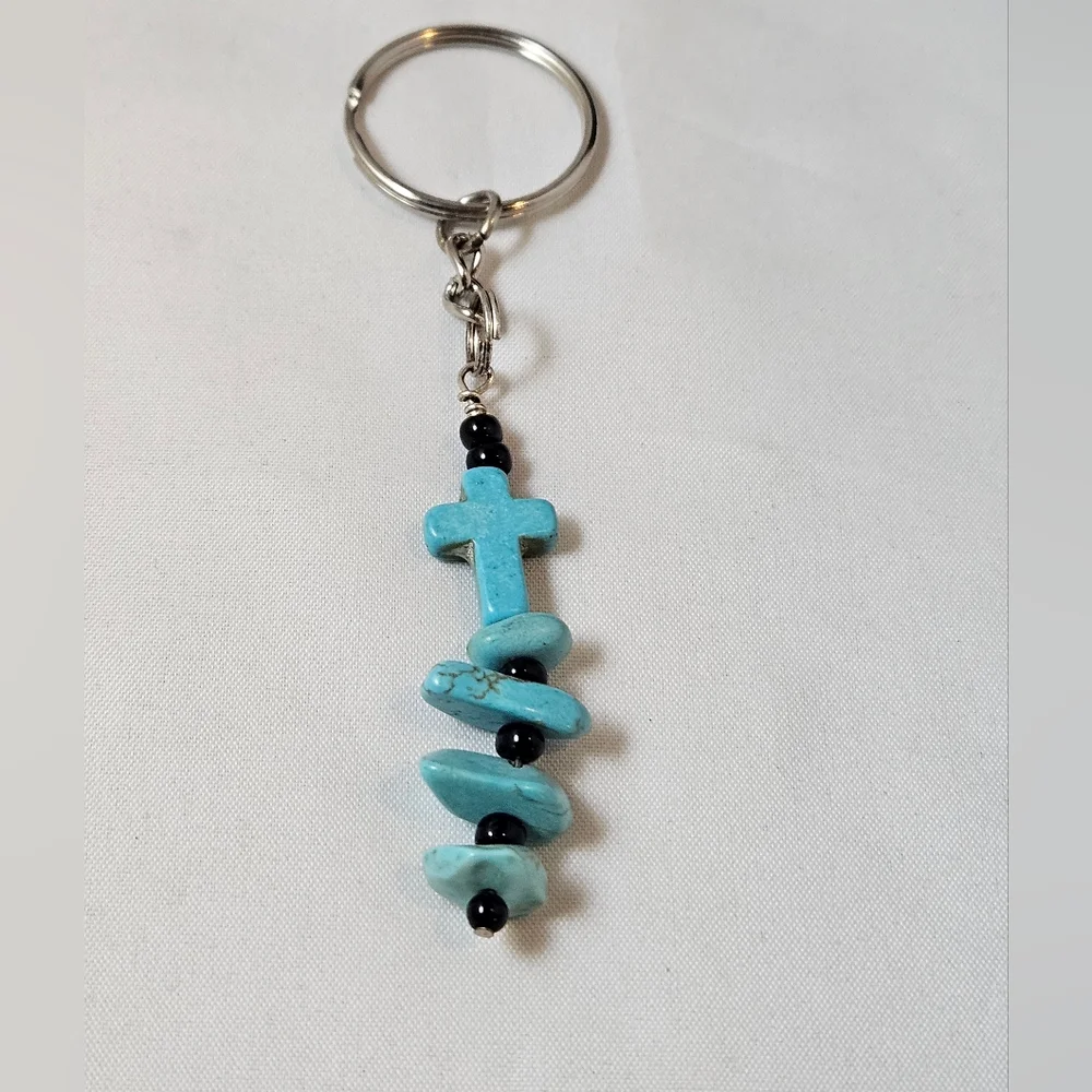 Turquoise Cross Stone Black Beaded Keychain, Keyring